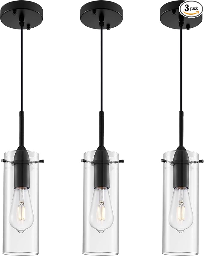 Black Pendant Lights Kitchen Island 3 Packs, Glass Pendant Light, Modern Clear Glass Pendant Light Fixture, Pendant Lights for Kitchen Island, Bedroom, Living Room, Bathroom