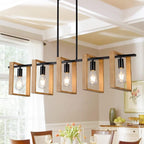 Dining Room Chandelier Farmhouse Kitchen Island Lights Ceiling Hanging 5 Lights Wood and Black Light Fixture Rustic Pendant Lighting 41.3"