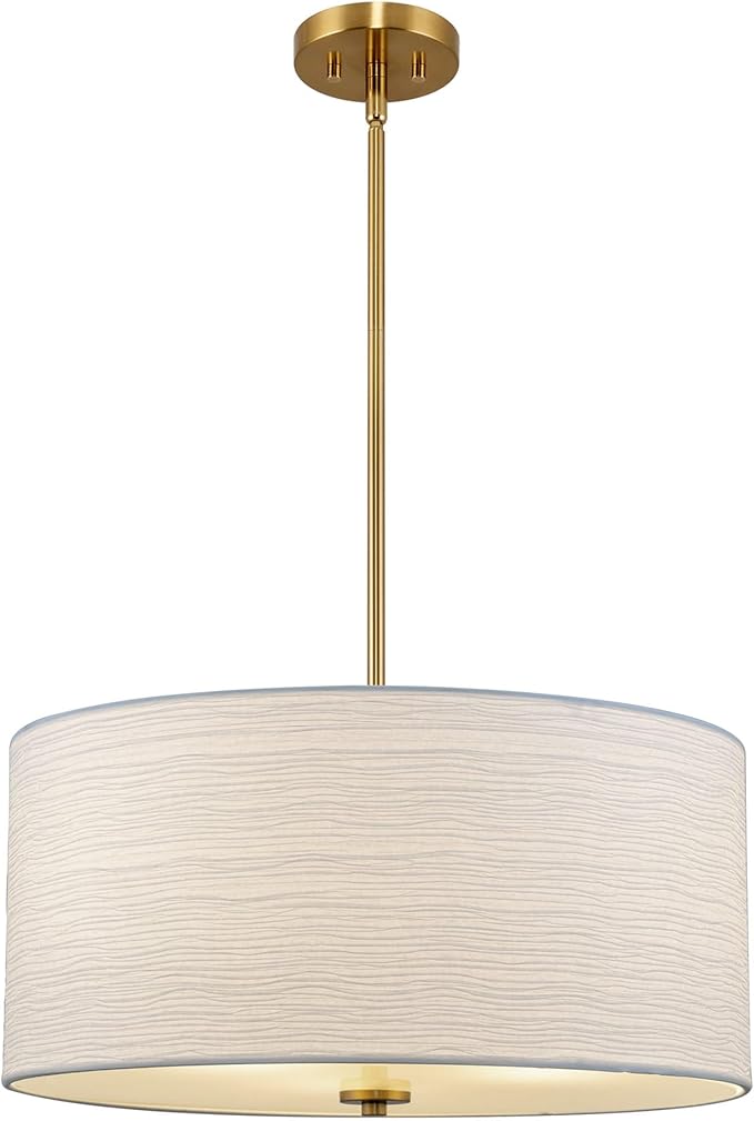 Kira Home Pearl 18" Modern 3-Light Large Drum Pendant Chandelier, White Textured Shade + Glass Diffuser, Adjustable Height, LED Compatible, Cool Brass Finish