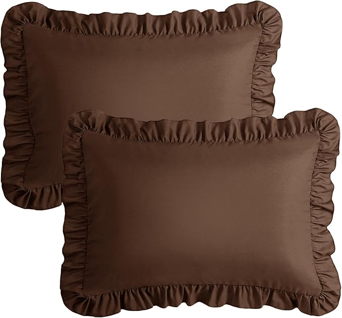 KKJIAF Ruffle Pillow Cases Standard Size Set of 2, Ruffled Pillow Covers with Envelope Closure, Wrinkle Resistant Ruffled Pillow Shams 20" x 26", Brown
