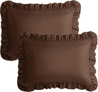 KKJIAF Ruffle Pillow Cases Queen Size Set of 2, Ruffled Pillow Covers with Envelope Closure, Wrinkle Resistant Ruffled Pillow Shams 20" x 30", Brown