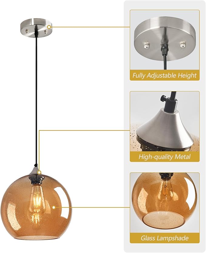 Amber Glass Pendant Lights Kitchen Island Globe Pendant Light Fixtures Modern Pendant Lighting for Bedroom Living Dining Room Light Fixture (9.84 in, 1 Pack)