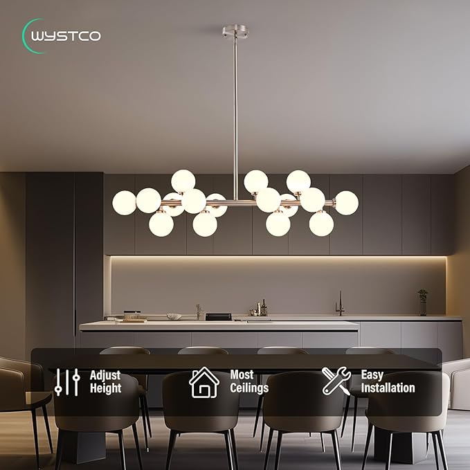 16-Light Globe Sputnik Chandelier, Mid Century Modern Light Fixture Over Table, Nickel Linear Chandeliers for Dining Room and Kitchen Island (Milk White Glass Bubble Shades, 40 Inch)