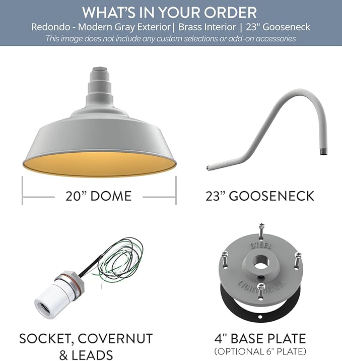 Steel Lighting Co. Redondo Barn Light | Outdoor Wall Mounted | 20 inch Dome | 23" Gooseneck | Large Farmhouse Warehouse Light Made in America | Modern Gray Exterior/Brass Interior