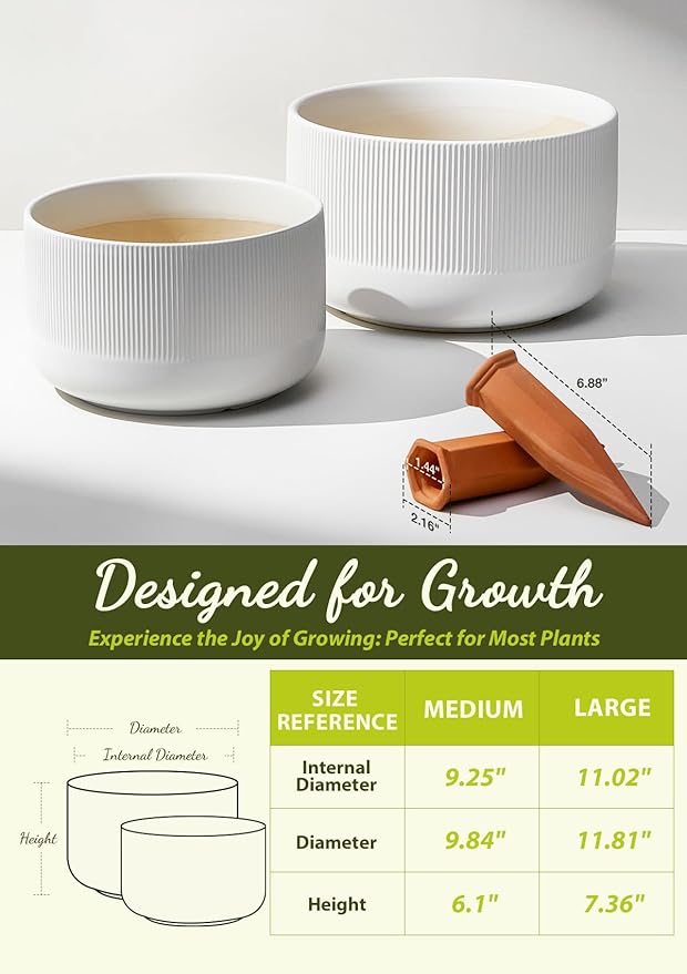 Ceramic Planters - 10+12 Inch Large Pots for Indoor & Outdoor Plants, Modern Flower Pots with Drainage Holes and Self Watering Devices, House White Big Plant Pot, Set of 2
