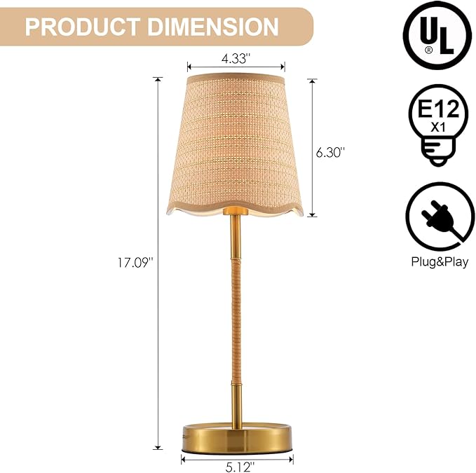 Boho Hand Woven Rattan Table Lamp Natural Wicker Desk Lamp Brass Table Lights for Bedsides Bedroom Table Top Home Office