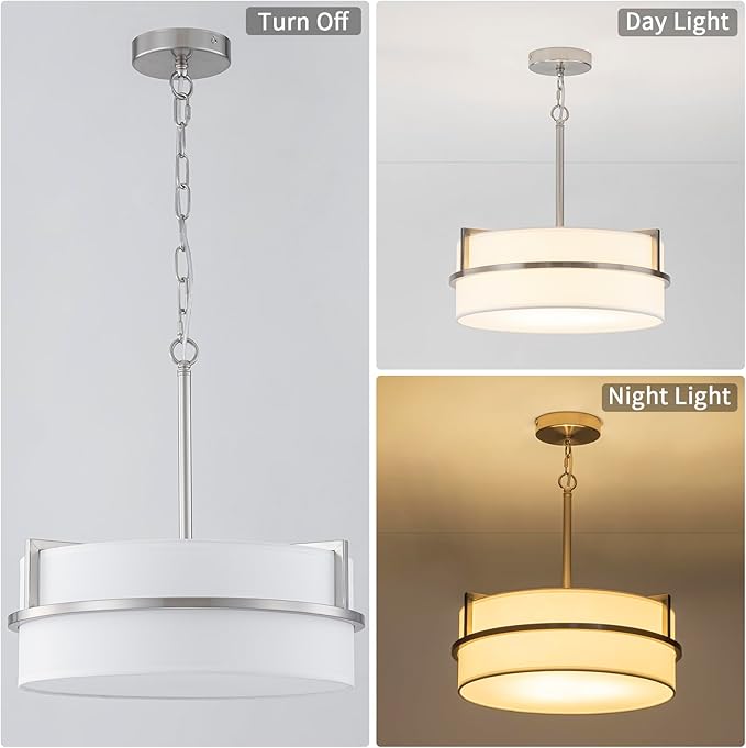 15.7" Modern Drum Chandelier Ceiling Light Fixture,3-Light Drum Pendant Light with White Fabric Shade,Adjustable Brushed Nickel Dining Room Chandelier for Kitchen Island Over Table Bedroom,E26