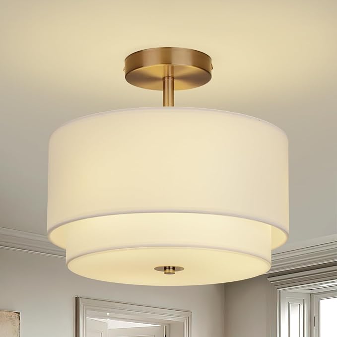 Gold Light Fixtures Ceiling Mount,12.6'' Semi Flush Mount Ceiling Light Fixtures,Nursery Light Fixture with 2-Layer White Shade,Modern Drum Ceiling Lights for Bedroom,Living Room,Hallway