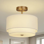 Gold Light Fixtures Ceiling Mount,12.6'' Semi Flush Mount Ceiling Light Fixtures,Nursery Light Fixture with 2-Layer White Shade,Modern Drum Ceiling Lights for Bedroom,Living Room,Hallway
