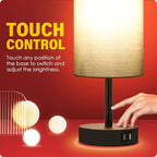 Yarra-Decor Bedside Lamp with USB Port - Touch Control Table Lamp for Bedroom 3 Way Dimmable Nightstand Lamp with Round Grey Fabric Shade for Living Room, Dorm, Home Office (LED Bulb Included)