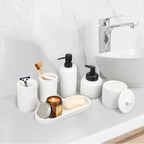 White Bathroom Accessory Set - 6 Pcs: Toothbrush Holder, Lotion & Foaming Soap Dispensers, Qtip Holder, Vanity Tray, Bathroom Tumbler, Countertop Organizer