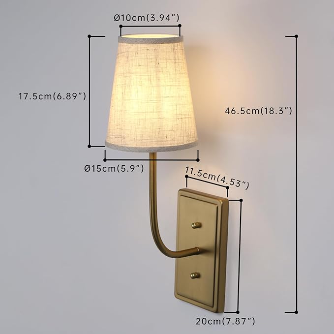 Farmhouse Brass Wall Sconce 1-Light, Linen Fabric Shade Wall Lamp Hardwired Indoor Wall Light for Bedroom Living Room Vanity Bathroom (Linen Cloth 2-Pack)