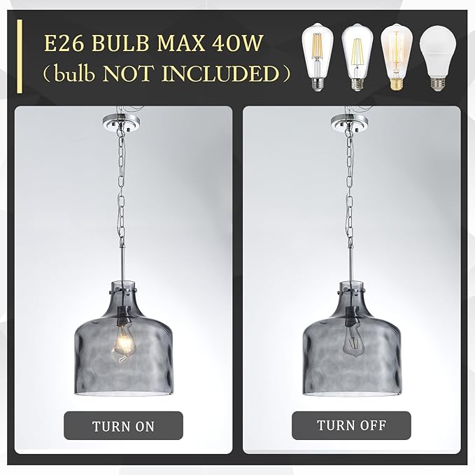 16" Extra Large Farmhouse Pendant Light – Hand-Blown Smoked Gray Hammered Glass Shade, Polished Chrome Finish, Adjustable Chain Hanging Light Fixture for Kitchen Island, Dining Room, Hallway