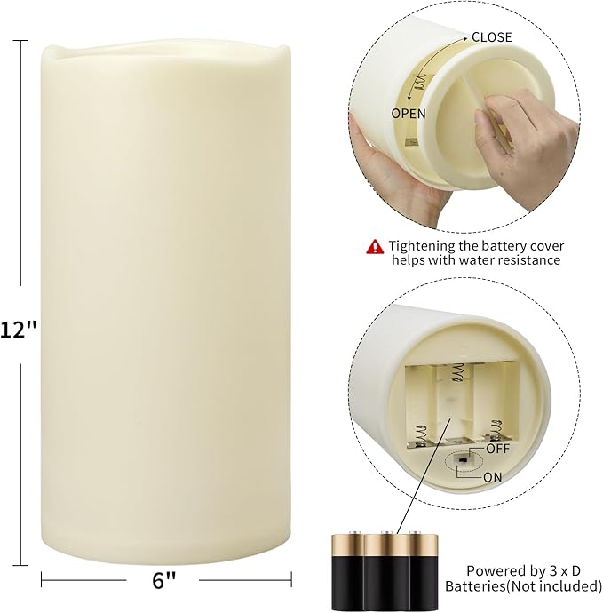 Outdoor Flameless Candles Waterproof: 6" x 12" Extra Large LED Battery Operated Flickering Pillar Candles with Timer Remote Control Fake Tall Plastic Electric Candles for Porch Laterns Patio