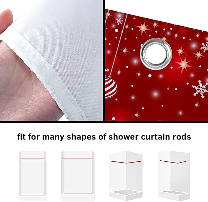Red Christmas Shower Curtain Set, Merry Christmas Ball Winter Snowflakes Glitter Sparkle Shower Curtain for Bathroom Xmas Holiday Decor, Durable Fabric Machine Washable with Hooks, 72 x 72 Inches