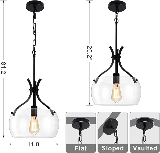 Glass Pendant Light Kitchen Island, 11.8" Industrial Hanging Light Fixture, Black Pendant Lighting with Glass Shade for Dining Room Kitchen Sink Hallway Entryway
