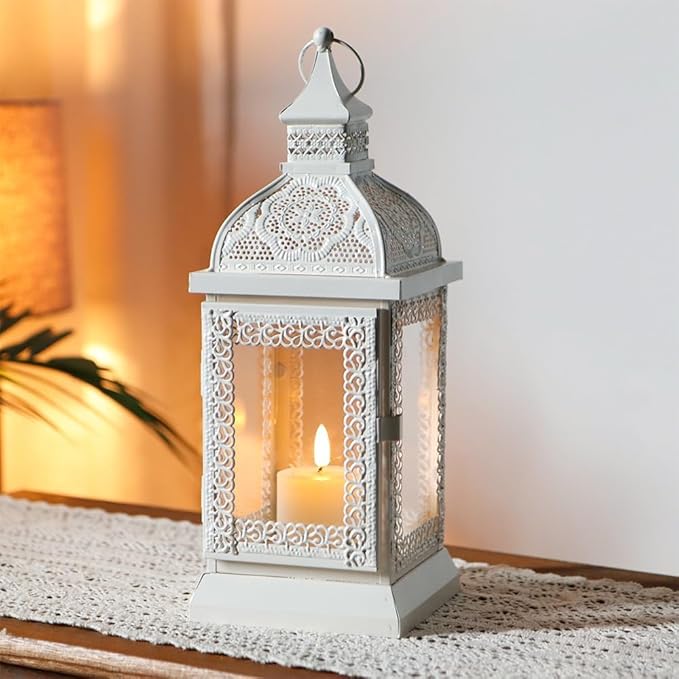 TRIROCKS Set of 2 Rustic Style Metal Candle Lantern 13'' High Decorative Outdoor Lantern Candle Holder with Tempered Glass for Home Living Room Garden Patio Parties Indoors Outdoors (Cream)