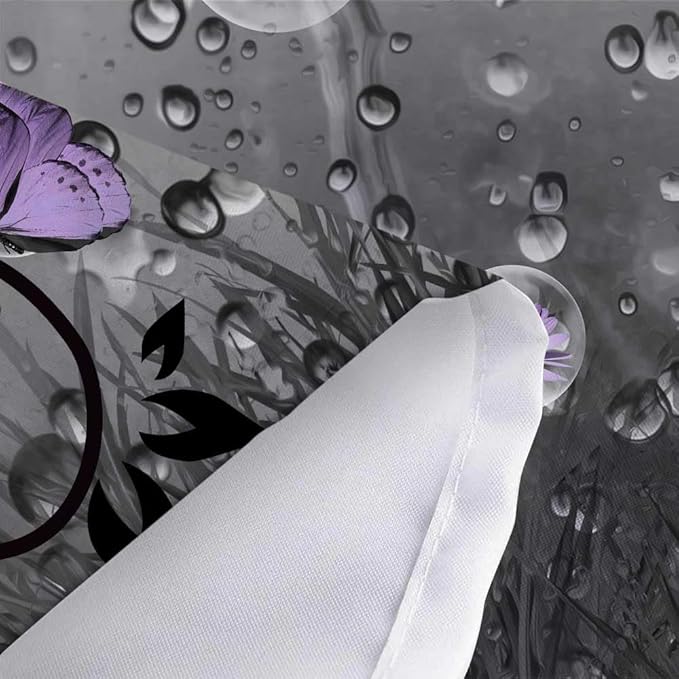Rustic Farmhouse Purple Floral Shower Curtain, Farm Daisy Flowers and Butterfly Shower Curtain for Bathroom, Country Violet Gray Fabric Boho Shower Curtain Set with 12PCS Hooks, 70X75IN