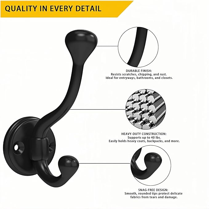 10 Pack Wall Hooks for Hanging, Heavy Duty Coat Hook Wall Mount, Easy to Install Metal Closet Hooks, Apply to Bathrooms, Bedrooms, Living Rooms, Entrances (Black)