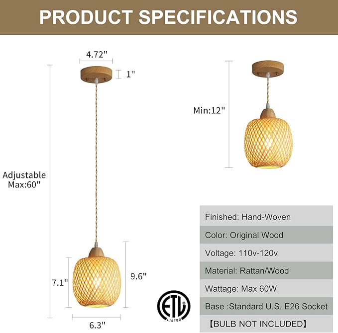 Bamboo Pendant Light Fixture, 3-Light Handmade Woven Pendant Lighting, with Adjustable Rustic Basket, for Kitchen Island Farmhouse Dining Room Living Room, ETL Listed