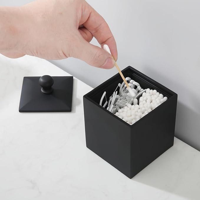 Cotton Swab Holder with Lid, Square Qtip Holder Bathroom Black, 2 Slot Resin Cotton Ball Canister Jar Cosmetics Makeup Countertop Organizer Containers Canister Apothecary Jar, Matte Black