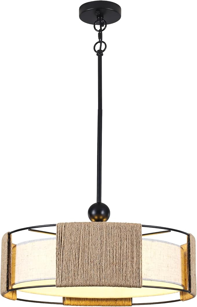 19.7" Rattan Chandelier ，5-Light Boho Dining Room Chandelier，Rustic Chandelier with Fabric lampshade，Suitable for Farmhouse Dining Room ，Living Room， Kitchen Bedroom， Hallway Stairs Hanging