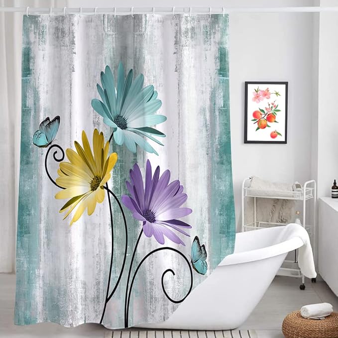 Rustic Farmhouse Shower Curtain, Farm Teal Daisy Floral Flowers and Butterfly on Country Wooden Shower Curtain for Bathroom, Turquoise Blue Bathroom Shower Curtains with 12PCS Hooks, 70X75IN