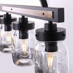 Wellmet Farmhouse Dining Room Chandelier, Black Mason Jar Chandelier Lighting Fixture for Kitchen Island, Dining Table, Rustic Linear Cluster Hanging Pendant Light, Faux Wood with Glass Shade