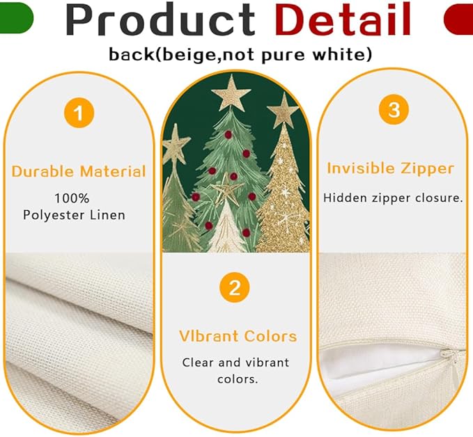 RABUSOFA Christmas Tree Pillow Covers 20x20 Inch,Watercolor Xmas Winter Decor Gold Stars Cushion Case Decoration for Home Sofa Couch Holiday (Green, 20" x 20" (Pack of 1))