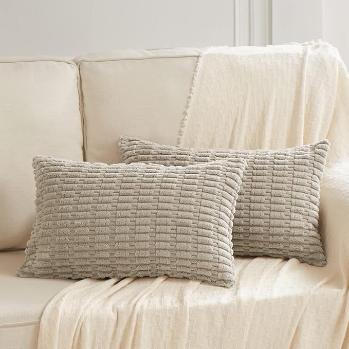 Fancy Homi Taupe Lumbar Decorative Throw Pillow Covers 12x24 Inch for Living Room Couch Bed Sofa, Rustic Farmhouse Boho Home Decor, Soft Striped Corduroy Rectangle Cushion Case 30x60 cm