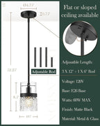 LMS 5 Inch Dia Black Pendant Light, Modern Hanging Lamp for Kitchen Island with Adjustable Rod, Medium Linear Light Fixtures with Hammered Glass, LMS-171PL-BKM