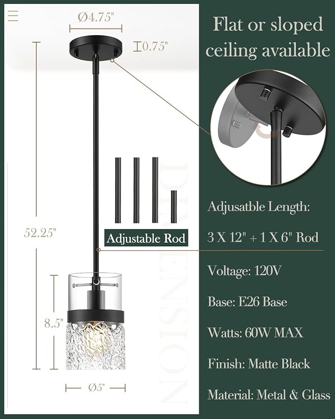 LMS 5 Inch Dia Black Pendant Light, Modern Hanging Lamp for Kitchen Island with Adjustable Rod, Medium Linear Light Fixtures with Hammered Glass, LMS-171PL-BKM