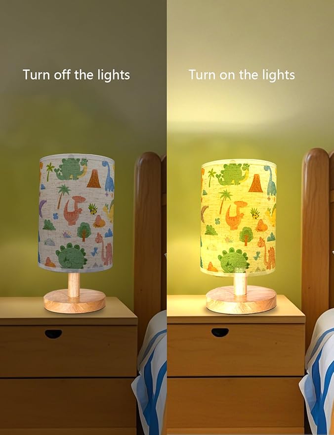 Dinosaur Lamp, Dinosaur Room Decor for Boys, 3 Level Dimmable Wood Nightstand Desk Base Flaxen Fabric Shade for Bedroom Living Room, Dino Gifts for Boys