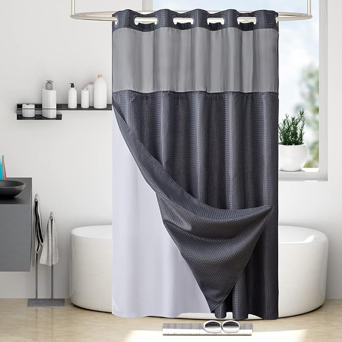 Furlinic Extra Long 84 Inch Shower Curtain with Snap in Liner Set,No Hook Waffle Weave Bathroom Curtains,Honeycomb Textured,Hotel Style with See Through Window,Waterproof,Gray,71x84 Inch