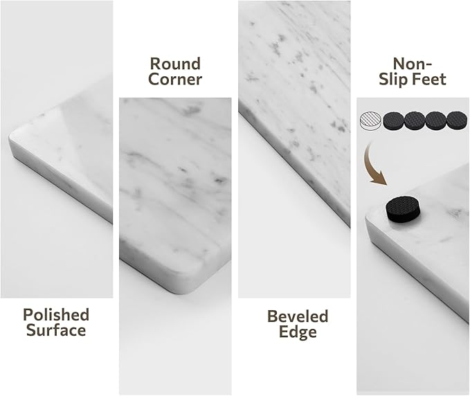 Natural Marble Cutting Board For Kitchen, 16 x 20 Inch Marble Slab Pastry Board With Non-Slip Feet For Baking, Cheese, Charcuterie, Chocolate, White Marble Gray Veins