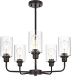 VINLUZ 5-Light Oil-Rubbed Chandelier with Clear Glass Shades, E26 Base Modern Pendant Light Fixture, Adjustable Swivel Heads Ceiling Lighting, Farmhouse Chandelier for Dining Room Kitchen Hallway