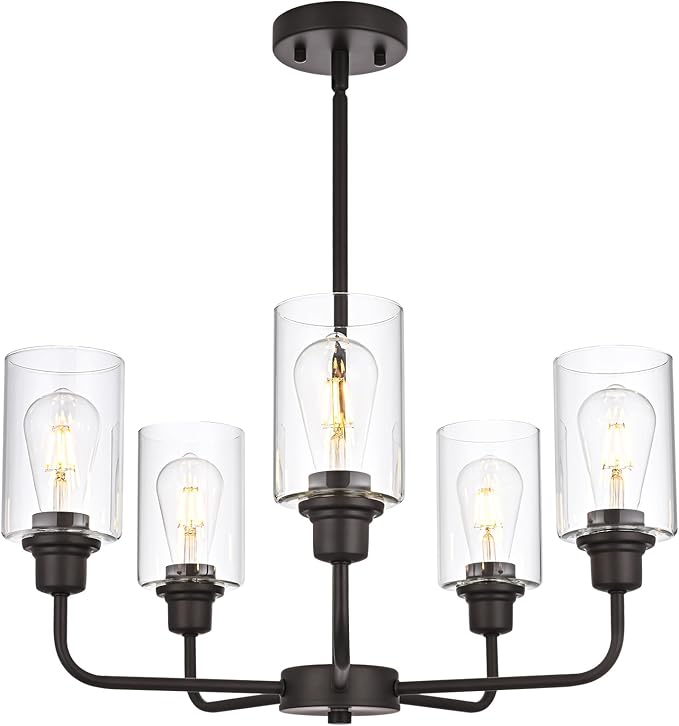 VINLUZ 5-Light Oil-Rubbed Chandelier with Clear Glass Shades, E26 Base Modern Pendant Light Fixture, Adjustable Swivel Heads Ceiling Lighting, Farmhouse Chandelier for Dining Room Kitchen Hallway