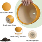 Ceramic Planters - 10+8+6 Inch Round Flower Pots for Indoor Outdoor, Decorative Plant Pots with Drainage Holes and Plant Saucers, Home Decor, Gardening Gifts for Women, Set of 3, Orange