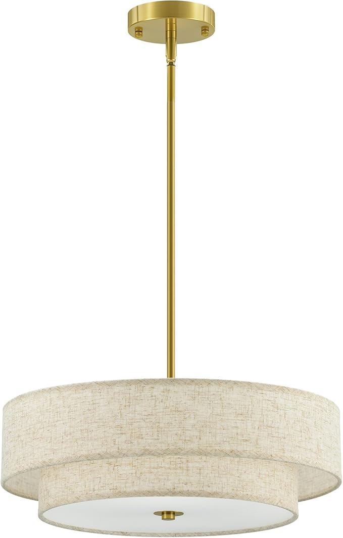 VONLUCE Modern Chandeliers, 18" Drum Chandeliers with 2-Layer Fabric Shade, 4-Light Pendant Light Fixture with E26 Bases, Light Fixture for Dining Room Bedroom Living Room, Linen Shade & Brass Finish