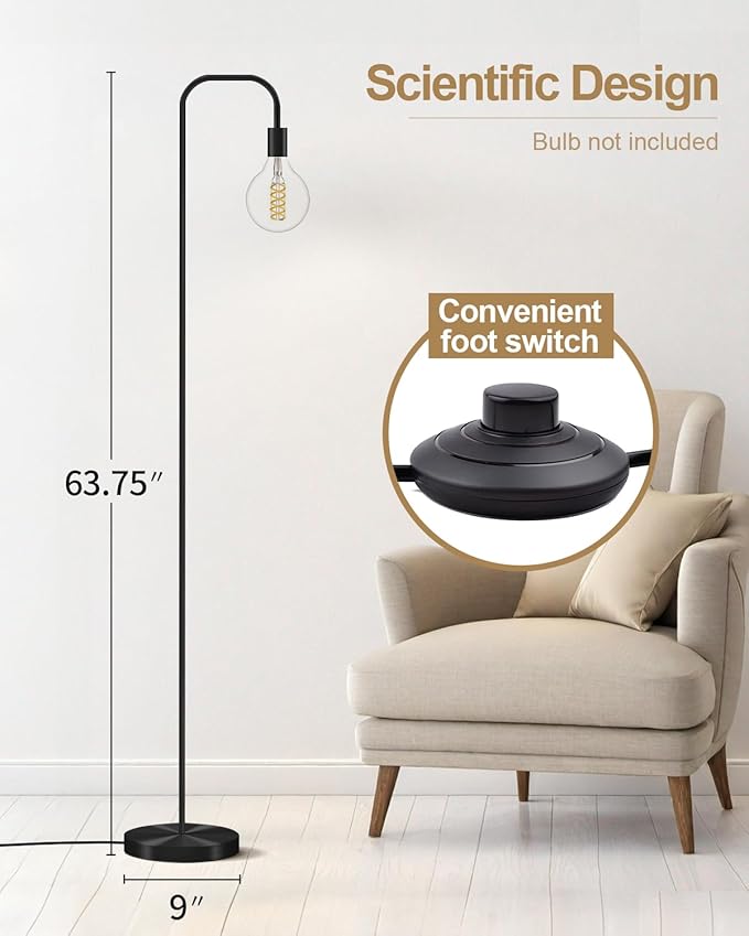 Oneach 63.75" Industrial LED Floor Lamp for Living Room Bedroom Reading Office Metal Minimalist Standing Lamp Tall Pole Lamps Office Black(Bulb not Included)