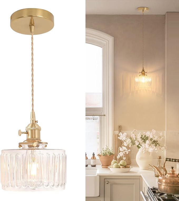 Pendant Light with Clear Striped Glass Lmapshade, Brass Vintage Pendant Light Adjustable Hanging Light for Kitchen Island Dining Room Hallway