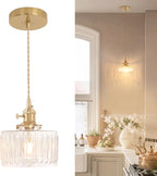 Pendant Light with Clear Striped Glass Lmapshade, Brass Vintage Pendant Light Adjustable Hanging Light for Kitchen Island Dining Room Hallway