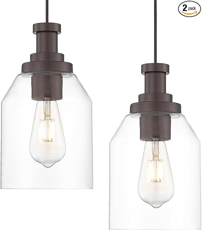 zeyu 2 Pack Farmhouse Hanging Pendant Lights Kitchen, Large Kitchen Pendant Lighting Over Island, Clear Glass Shade, Oil Rubbed Bronze Finish, ZG33M1L-2L ORB