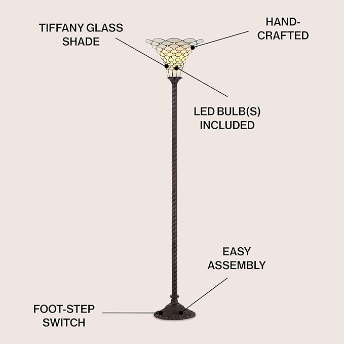 JONATHAN Y JYL8007A White Tiffany-Style 70" Torchiere LED Floor Lamp, Tiffany, Traditional, Art Nouveau Style, Office, Living Room, Family Room, Dining Room, Bedroom, Hallway, Foyer, Bronze