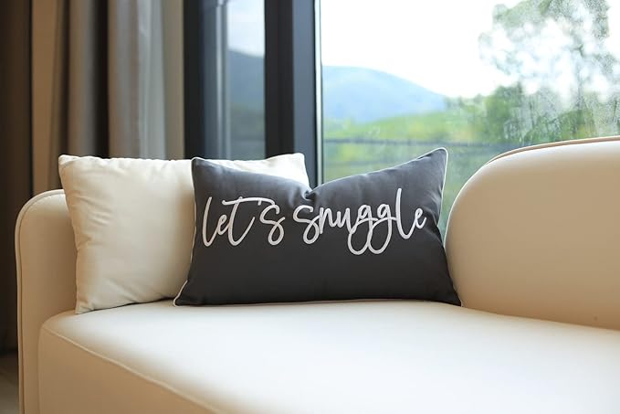 Sunkifover Let's Snuggle Decorative Lumbar Pillow Cover - 12x20 Inch Dark Grey Cotton Embroidery Throw Pillowcase for Bed, Bedroom, Living Room, Home Decor