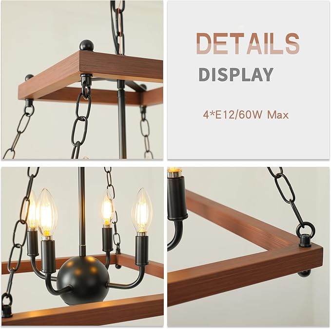 Farmhouse Walnut Chandelier with Chain,16 Inch Modern Geometric Rustic Vintage Hanging Pendant Ceiling Light Fixture for Dining Room Bedroom Kitchen Island Hallway Foyer Entryway