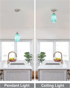 Mini Art Glass Pendant Lights Kitchen Island,Handcrafted Teal with Gold Glass Ceiling Pendant Lighting Brushed Nickel Adjustable Cord Hanging Lamp Cover for Coffe Bar,Dining Room 3pack