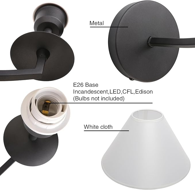 PERMO Vintage Wall Sconce Black Classic Bathroom Sconces wiht 11" Tapered White Textile Shade Wall Sconce Hardwired Indoor Wall Mount Lights for Living Room Bedroom Hallway Entryway