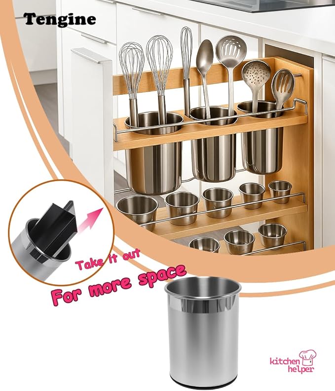 TENGINE Stainless Utensil Holder 360° Rotating 6.5X5.25 Inch Utensil Crocks for Kitchen Counter with Removable Divider Sliver