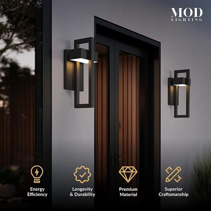 𝗠𝗢𝗗 𝗟𝗜𝗚𝗛𝗧𝗜𝗡𝗚 Terri | Modern Outdoor Wall Lights LED 10W, Exterior Wall Sconce Lights, Stainless Steel Outdoor Light Fixture, Waterproof IP65, 1 Pack (Black | Warm White 3000K | Small 14")